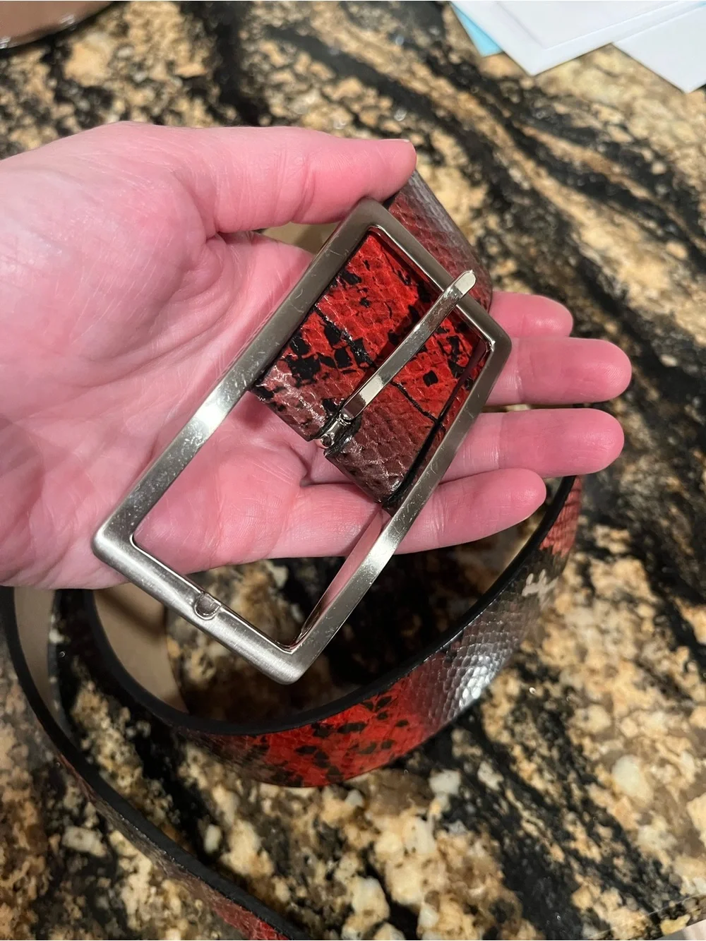 Nine West Pink and Black Snake-Print Leather Belt